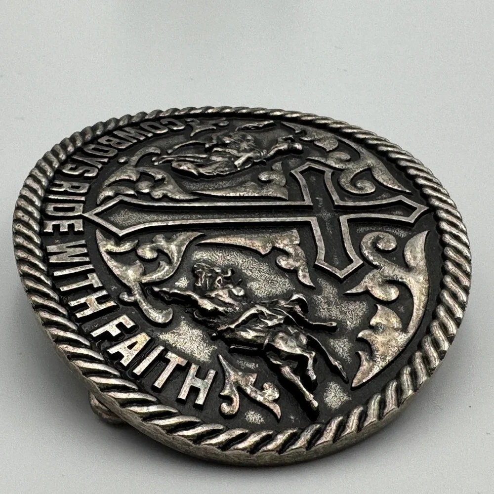 Cowboys Ride With Faith‎ Western Belt Buckle Silver Tone Cross Rodeo Bull Rider